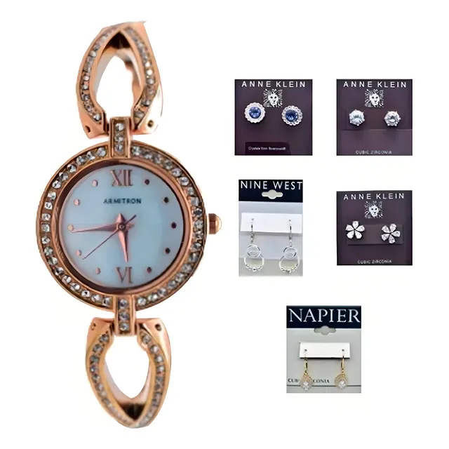 Reloj Armitron Dress Dama 755536mprg Un Par De Aretes Correa Oro Rosa Bisel Oro Rosa Fondo Blanco