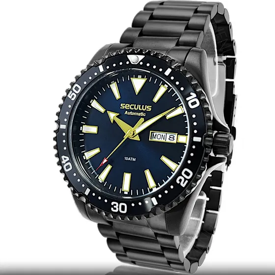 Relógio Seculus Automatico Moderno Em Aço Masculino De Pulso Correia Preto Bisel Preto Fundo Azul-marinho