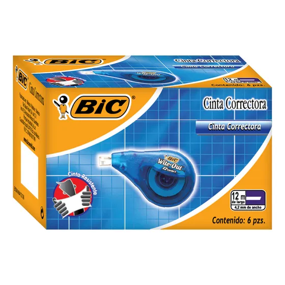 Cinta Correctora Blanca 12 M X 4.2 Mm Bic Con Cuerpo Azul 6 Piezas