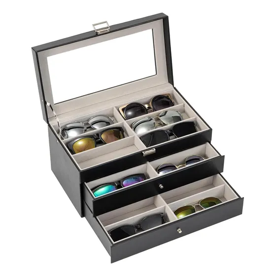 Caja Para Guardar 18 Gafas ,3 Niveles En Cuero Negro ,llaves