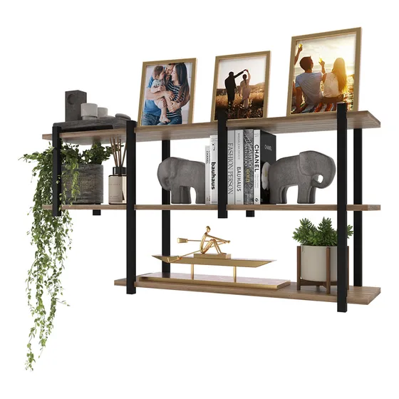 Estante Prateleira De Parede Flutuante: Design Nórdico Em Ferro E Madeira Nicho Laminado Com Preto Perfeita Para Exibição E Organização De Objetos Decorativos Estilo Industrial