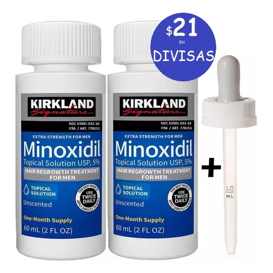 Pack 2 Frascos Minoxidil Kirkland  + 1 Gotero Rosca Tapa