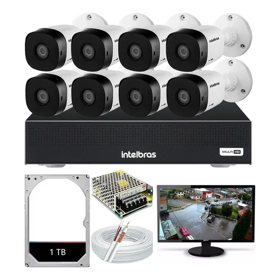 Kit Cftv 8 Câmeras Segurança Intelbras Dvr 8 Canais Monitor Cor Branco