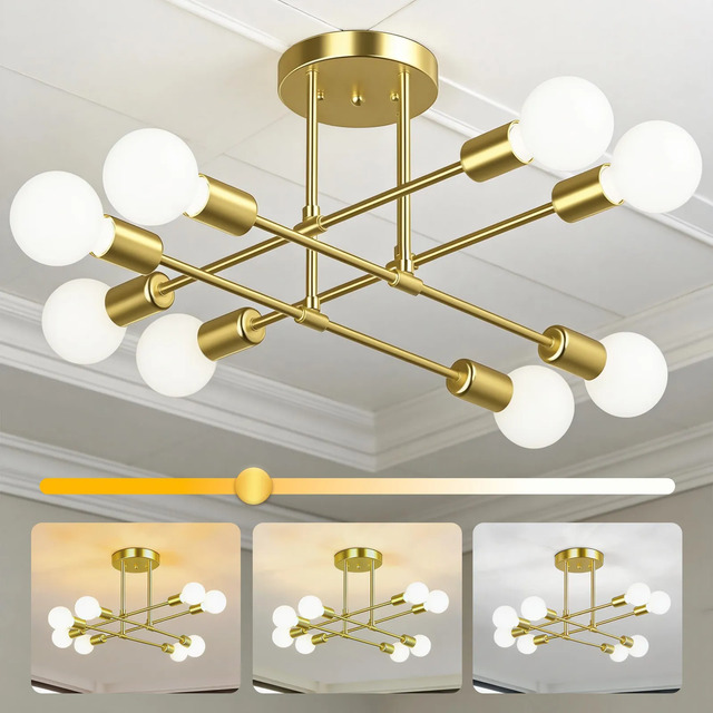 Lustre pendente dourado de 8 lâmpadas com esferas de vidro branco e infográfico demonstrando ajuste de temperatura de cor