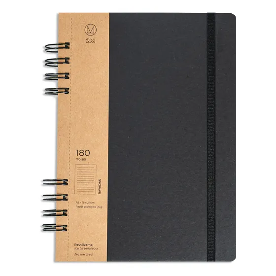 Cuaderno Negro Ecológico A5 (15x21) Anillado 180 H C/ Elást.