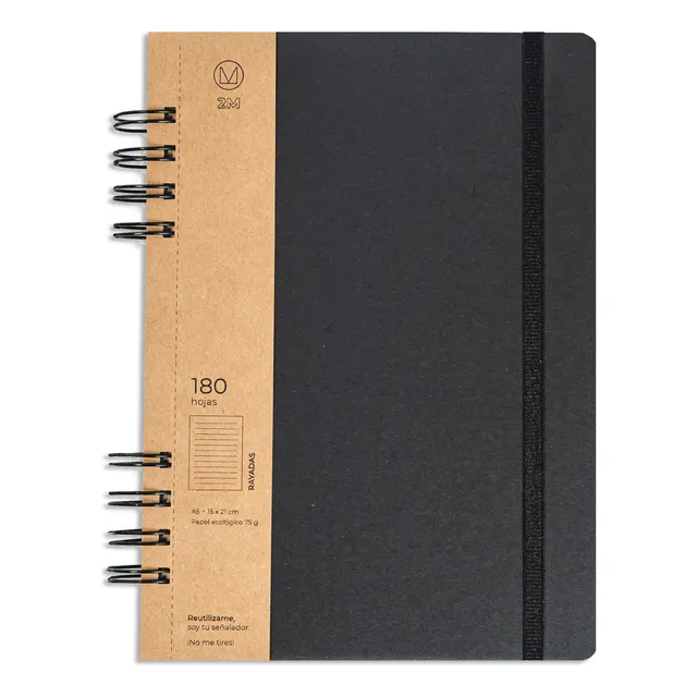 Cuaderno Negro Ecológico A5 (15x21) Anillado 180 H C/ Elást.