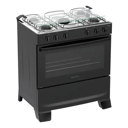 Fogão 5 Bocas Atlas Mônaco Plus com Mesa de Inox e Forno de 82 Litros Preto Bivolt