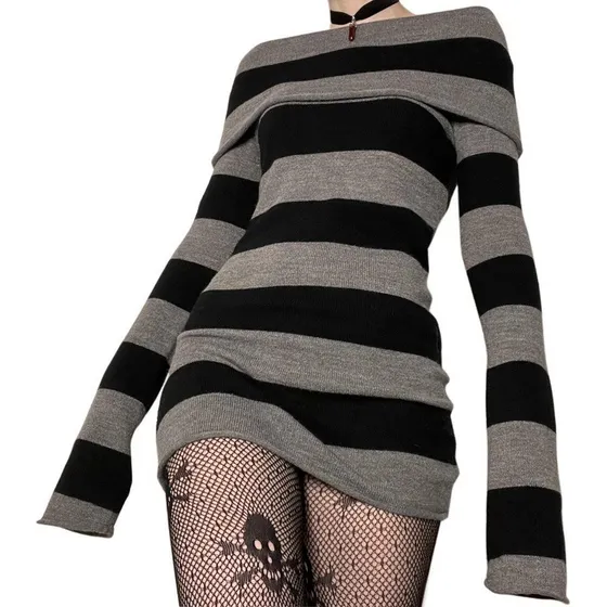 _ Minivestido Tipo Suéter A Rayas Mall Goth Grunge Emo