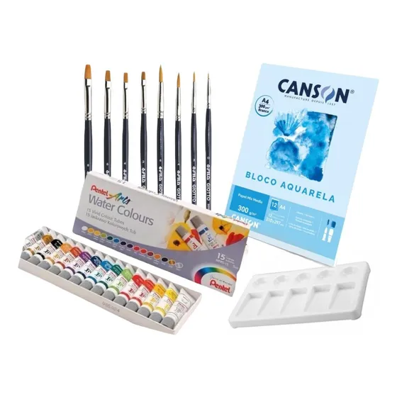 Kit Aquarelas Pentel  Pincel  Bloco Canson Papel  Gode