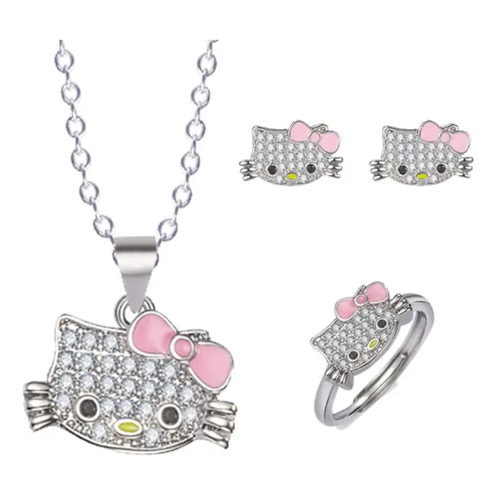 Set Accesorios Hello Kitty: Aros, Collar Y Anillo