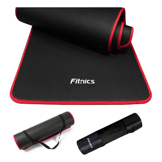 Mat Yoga Colchoneta Tapete Fitnics para Ejercicio 10mm con Bolso y Correa color Negro/rojo
