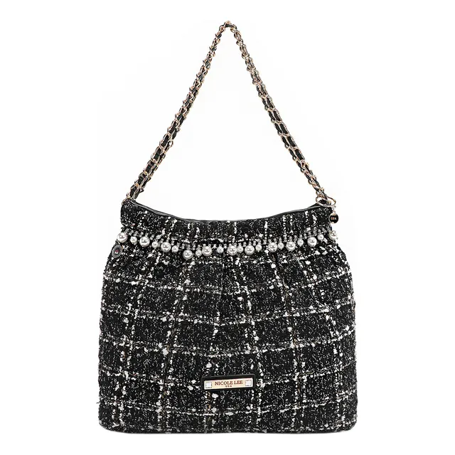 Bolsa Shoulder De Nicole Lee Tela Tweed Fw24 Acabado De Los Herrajes Níquel Color Negro Diseño De La Tela Lana