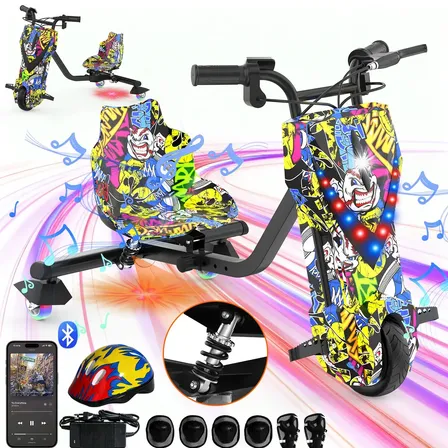Patinete Elétrico Triciclo Drift Infantil 350W 36V Bluetooth LED 3 Velocidades Motor Brushless Luzes RGB Freio Manual Capacete Kit Proteção Bateria Lítio Ajustável Até 100kg Graffiti