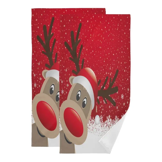 Juego 2 Toalla Mano Fondo Rojo Diseño Reno Navidad