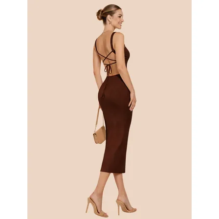 Vestido Midi Suplex Premium Decote Quadrado Com Amarração Marrom Lisa M