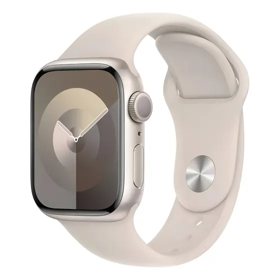 Apple Watch Series 9 GPS • Caixa estelar de alumínio – 45 mm • Pulseira esportiva estelar – M/G