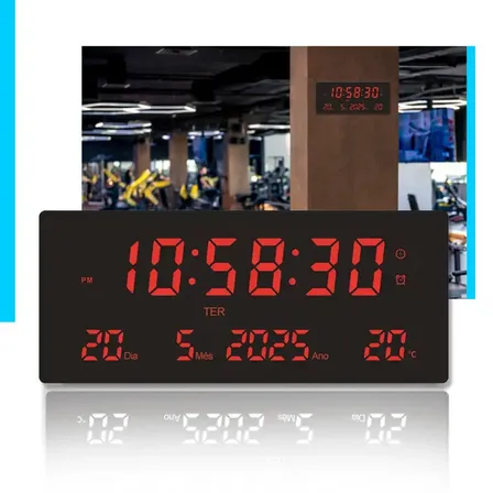 Relógio De Parede Led Digital Grande 36x15cm Alarme Calendário Termômetro Recepção Hall Entrada Academia Data Hora Temperatura Dia Mês Ano Memória Bivolt 110/220 Cor Vermelho Preto