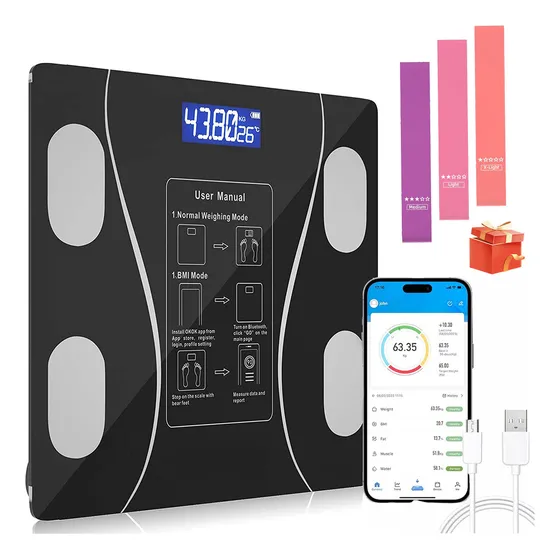 Balanza De Baño Electrónica Inteligente Recargable Con Conexión Bluetooth + 3 Cintas Extensibles Para Yoga Y Fitness, ¡increíble Relación Calidad-precio!