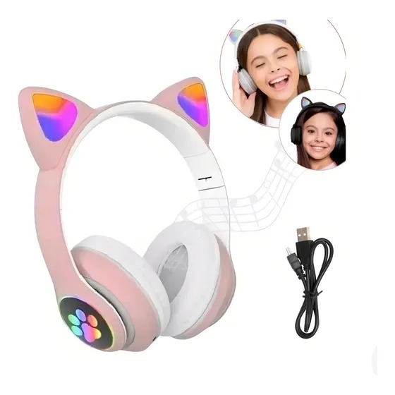Fone De Ouvido Sem Fio Cat Gatinho Infantil Com Led Cor Roxo Luz Branco