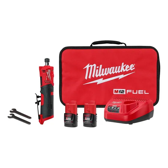 Amoladora de troqueles rectos Milwaukee M12 Fuel 2486-22 con 2 batidoras