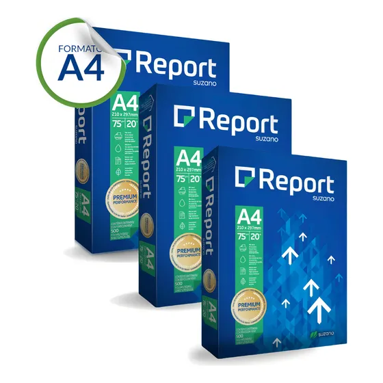 Pacote com 3 Unidades de Resma Report A4 Multifuncional de 500 Folhas de 75g Cor Branco