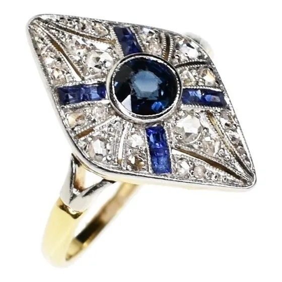 Anillo Antiguo Art Decó Diamantes Zafiros - Arrighi Joyas