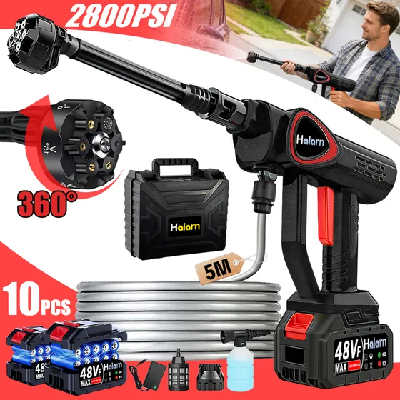 Hidro Lavadoras Inalámbrico 6 En 1, 2800PSI Hidrolavadoras Portatil Eléctrica Profesional, 1200W Pistola De Agua Con 2 * 15000MAH Batería Y Filtro Hidrolavadora, 7.5L/min, Negro