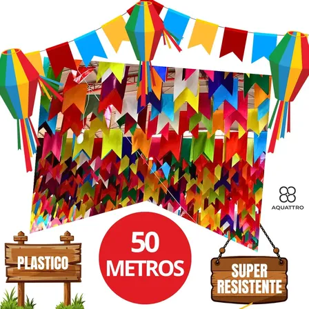 Bandeirinha de Festa Junina Plástica Resistente Kit 50 Metros
