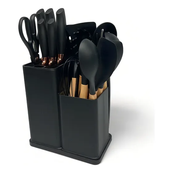 Kit Conjunto Utensílios Cozinha 19 Peças Silicone Faca Tabua Cor Preto