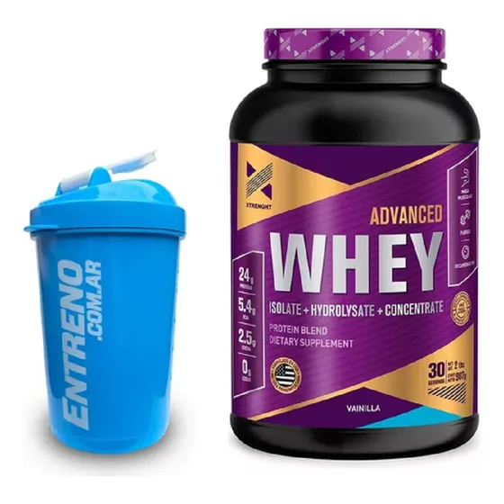 Advanced Whey Protein Xtrenght Proteína Isolada Concentrada Hidrolizada 2lb Sabor Vainilla + Shaker Batidor 600ml - Crecimiento Muscular