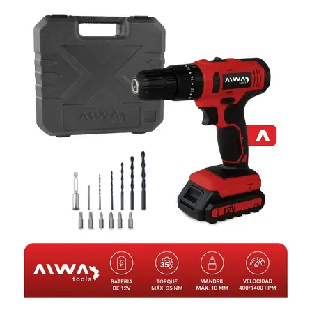 Taladro Percutor Inalambrico Aiwa 12V 35Nm 1400rpm + Accesorios y Maletín