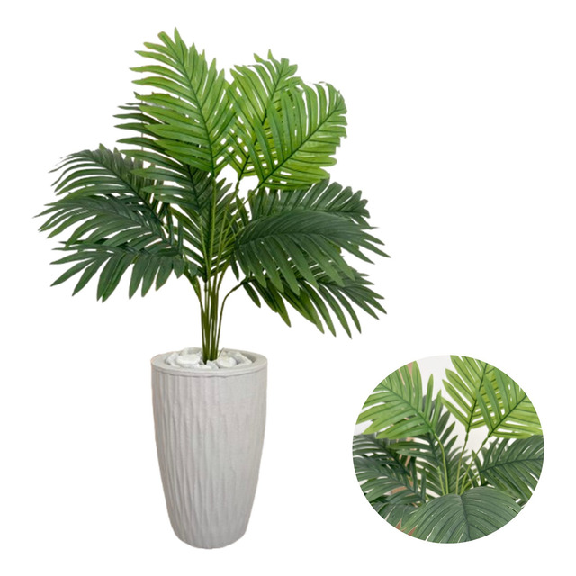 Planta Artificial Palmeira Com Vaso Ondulado Cone E Pedras