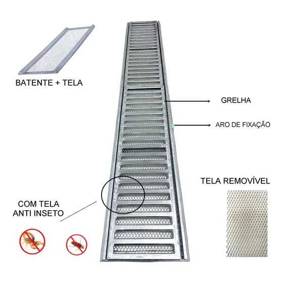 Ralo Linear 15x100 (PEÇA UNICA)Grelha Alumínio Pluvial C/ Tela Anti Insetos Grelhas Brasil