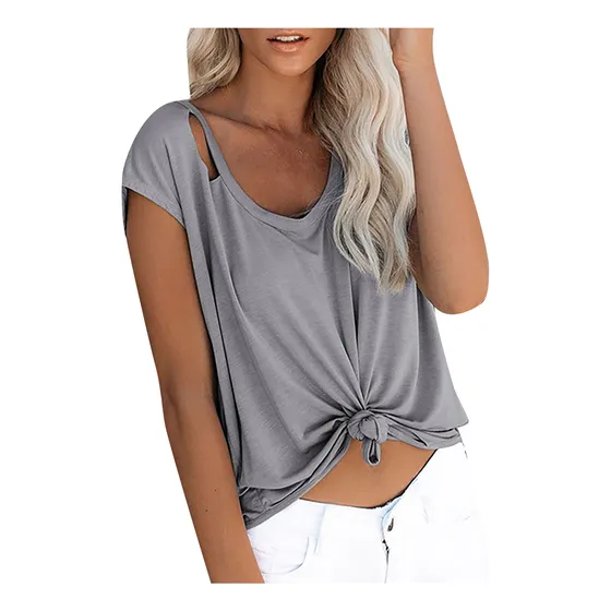 Blusa Casual Feminina Com Furo, Cor De Manga Curta