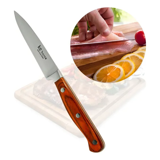 Faca Cozinha Pequena5'' Polegadas Aço Inox Reforçada Madeira Cor Aço Inox, Lâmina Inteiriça, Cabo Madeira Tratada