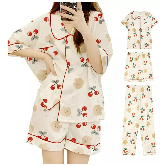 3 Pcs Pijama De Manga Corta Y Pantalón Corta Bonito Conjunto