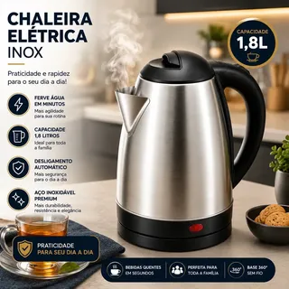 Jarra Chaleira Elétrica Inox 1,8l Desligamento Automático Aquecimento Rápido 110v Aço Escovado 127v