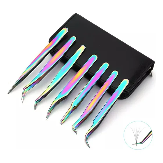 Set De 7 Pinzas Para Pestañas Visón Camaleón Con Estuche