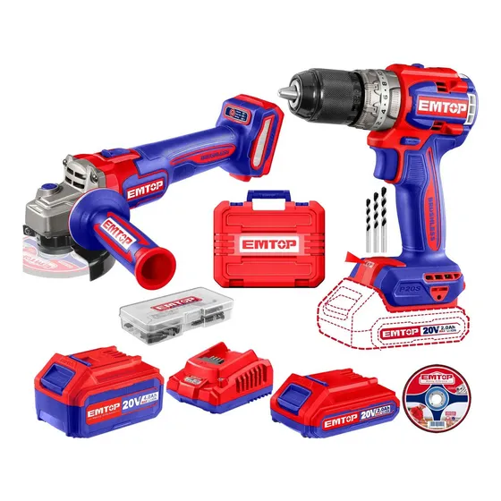 Kit Taladro Inalámbrico Amoladora Brushless 2 Baterias Emtop