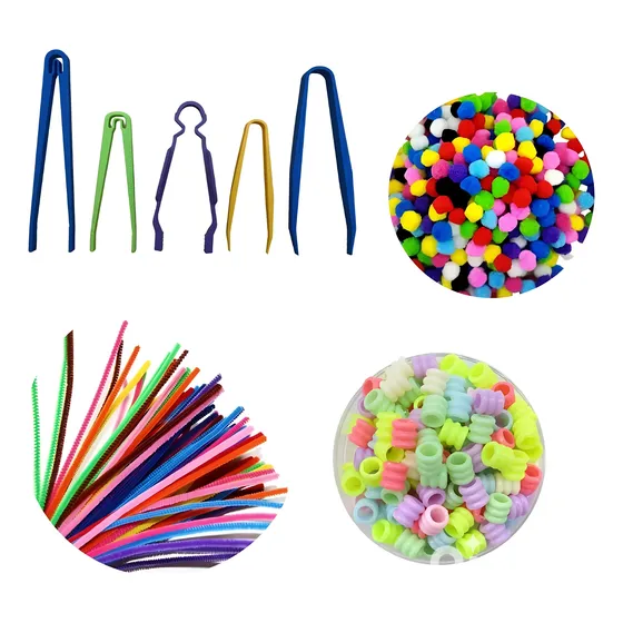 Motricidad Fina Pinzas + Pompones+ Limpiapipas + Mostacillas
