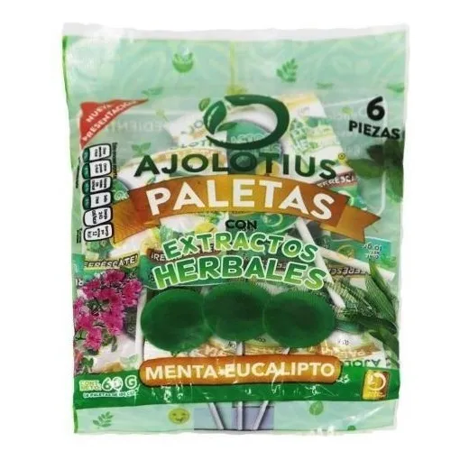 Pack 7 Bolsas De Paletas Ajolotius 6pz C/u Menta Eucalipto