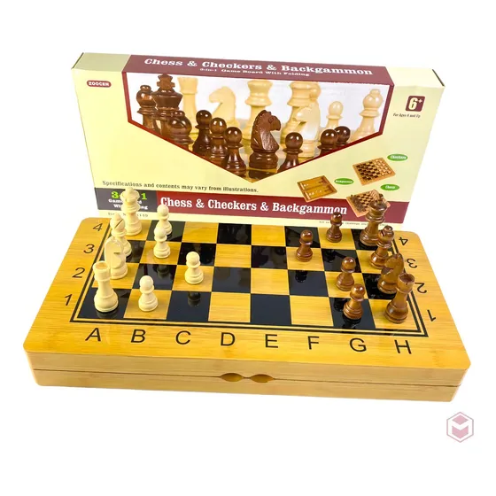 Ajedrez Juego De Mesa 3 En 1 Familiar Damas Backgammon 290mm