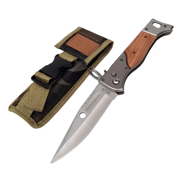 Navaja Plegable Automática Ak47 27 Cm Bowie Madera Con Funda