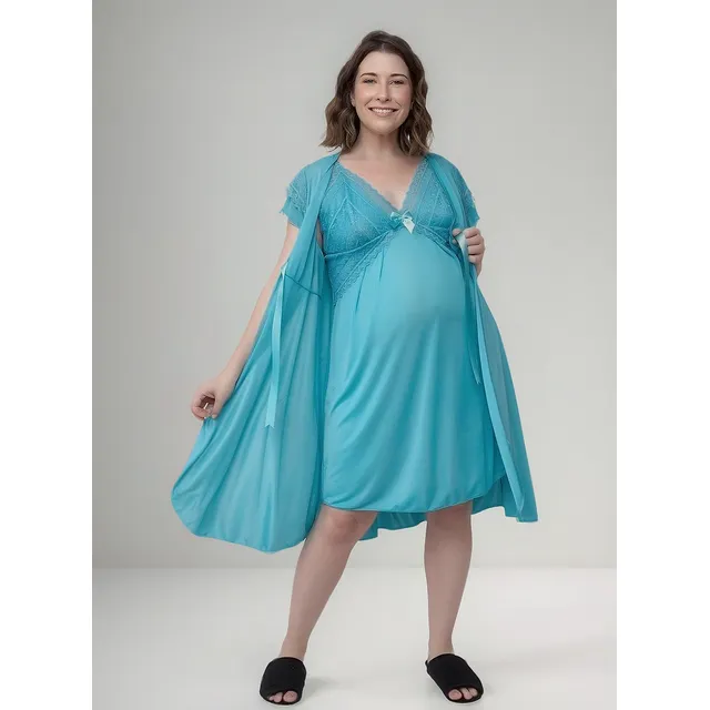 Jogo Camisola E Robe Gestante Amamentação Com Renda 409412