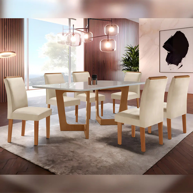 Conjunto Sala De Jantar Nápoles Tampo Vidro/mdf Com 6 Cinamomo/off White/bege