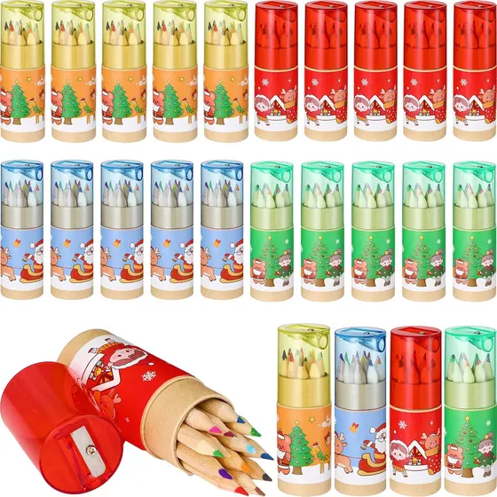 Paquete De 24 Mini Lápices De Colores Navideños Con Sacapunt