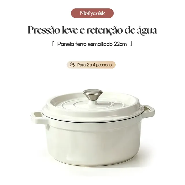 Mollycook Panela Caçarol Ferro Fundido Esmaltado 22cm 2.7L Com Tampa Branco