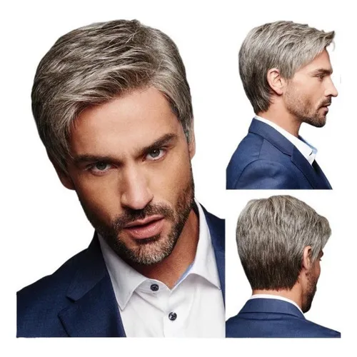 Peluca corta, recta, gris degradado, para hombre, tono gris degradado