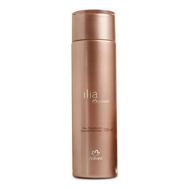 Frasco cilíndrico de óleo desodorante corporal Natura Ilía Clássico na cor cobre metálico com 150ml