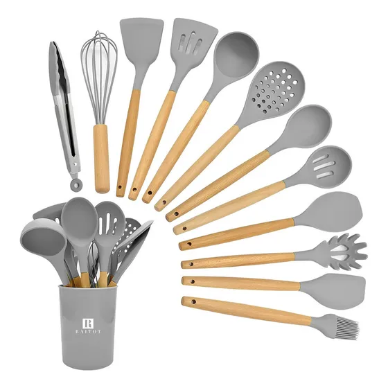 Set Kit X12 Utensilios Cocina Mango Madera Punta Silicona